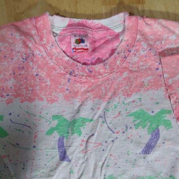 Vintage 90s Palm Trees Paint Splash Stripes AOP T-Shirt, - Picture 3 of 10